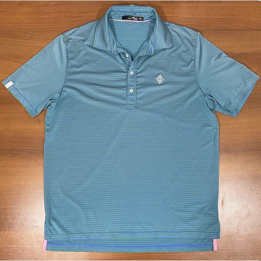 RLX Ralph Lauren Golf Polo Shirt Men’s LG Green Blue Striped Wicking Stretch